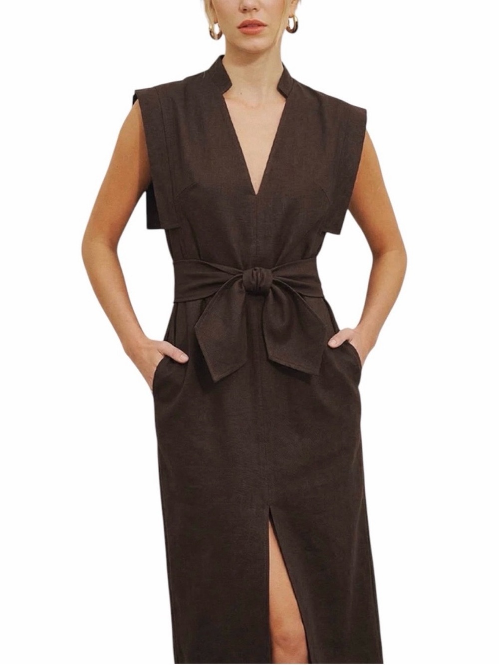 Commense Espresso Brown Cotton Linen V Neck Dress with Tie Belt XS NWT